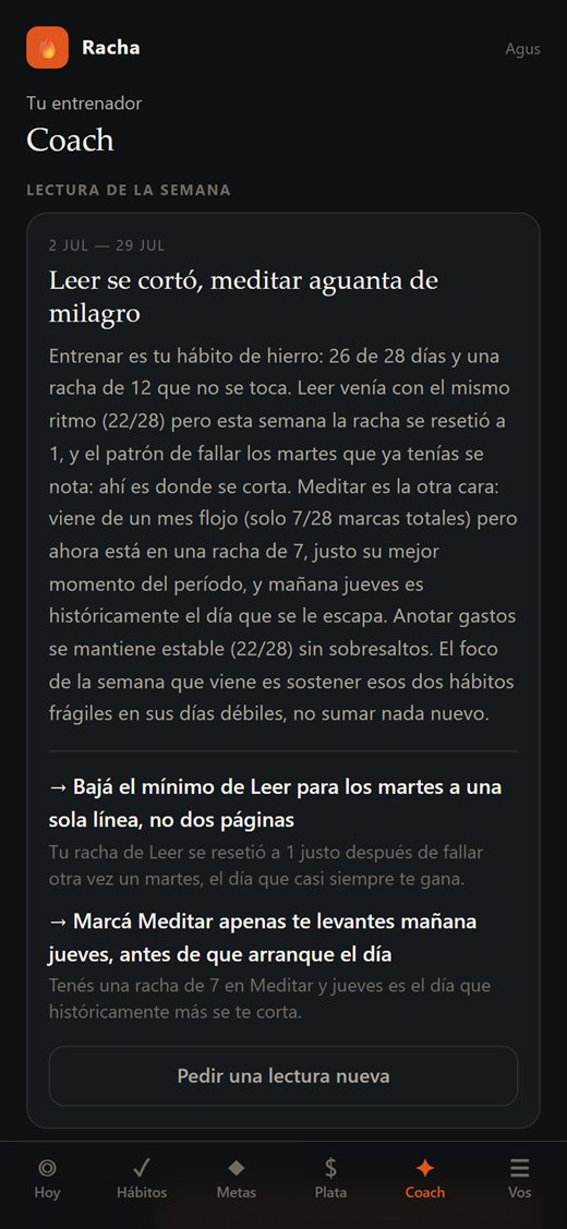 Pantalla Coach: la lectura semanal con el patrón encontrado y dos acciones